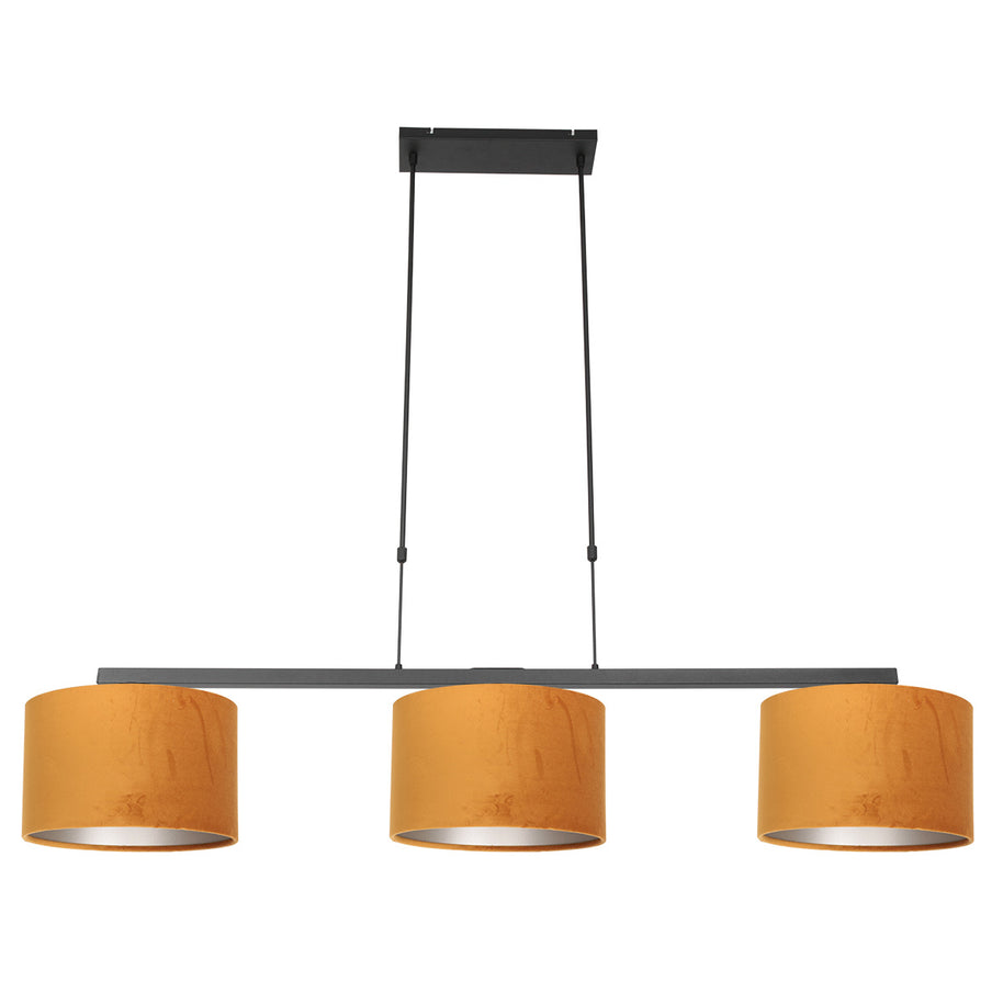 Zwarte 3-lichts hanglamp Stang 3460ZW met goudkleurige velourskappen