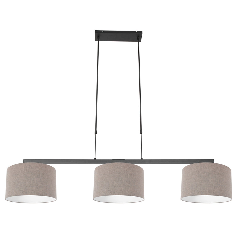 Zwarte 3-lichts hanglamp Stang 3462ZW met grijze, grove linnenkappen
