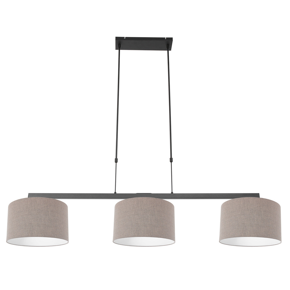 Zwarte 3-lichts hanglamp Stang 3462ZW met grijze, grove linnenkappen