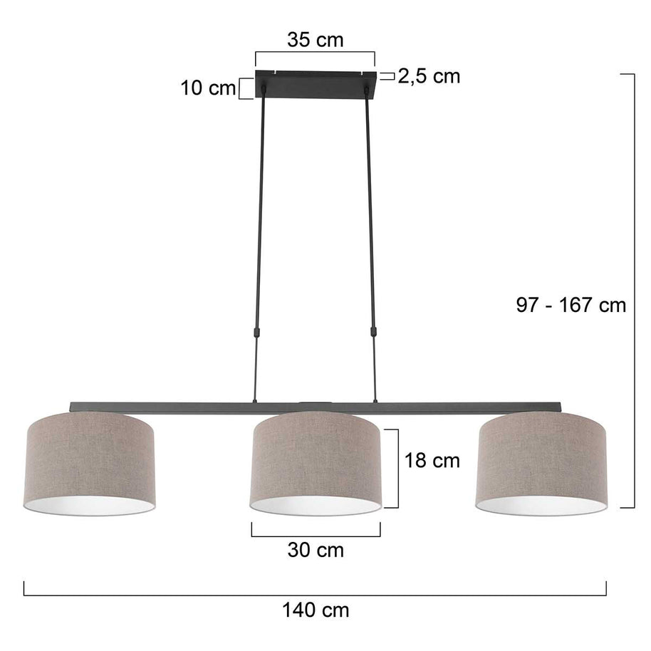 Zwarte 3-lichts hanglamp Stang 3462ZW met grijze, grove linnenkappen