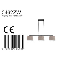 Zwarte 3-lichts hanglamp Stang 3462ZW met grijze, grove linnenkappen