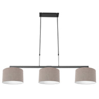 Zwarte 3-lichts hanglamp Stang 3462ZW met grijze, grove linnenkappen
