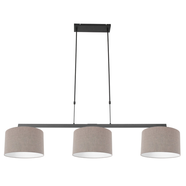Zwarte 3-lichts hanglamp Stang 3462ZW met grijze, grove linnenkappen