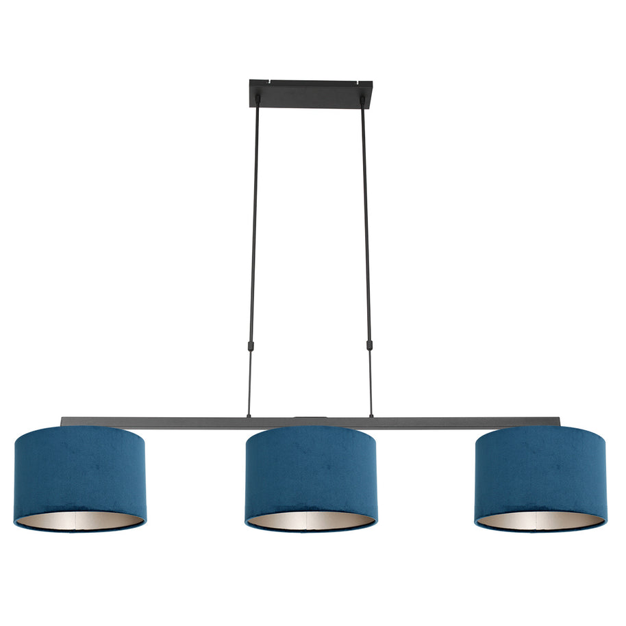Zwarte 3-lichts hanglamp Stang 3464ZW met blauwe velourskappen