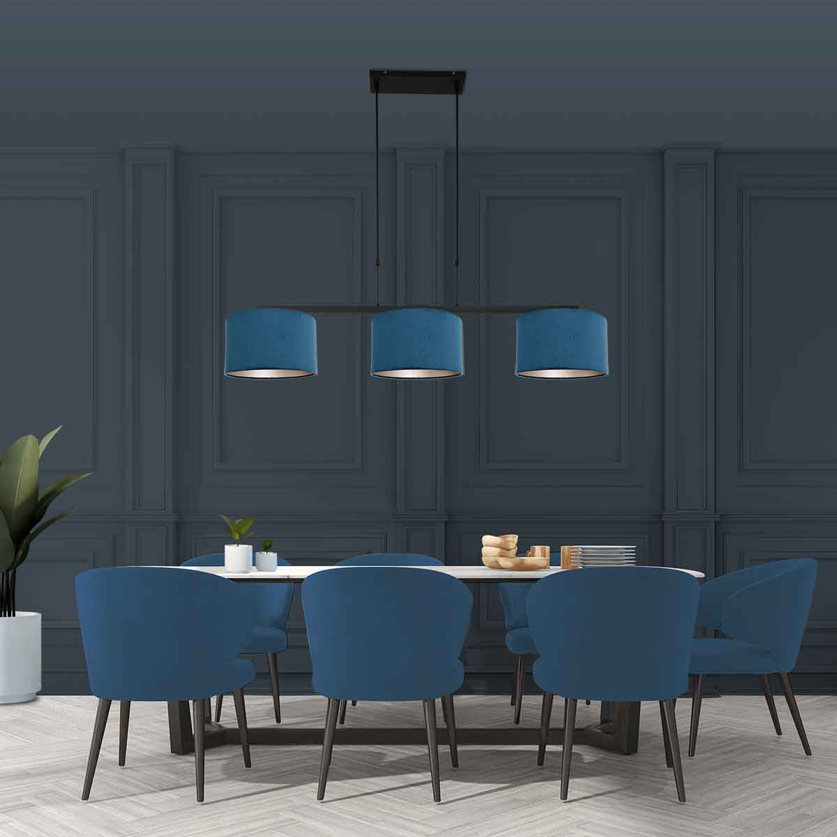 Zwarte 3-lichts hanglamp Stang 3464ZW met blauwe velourskappen