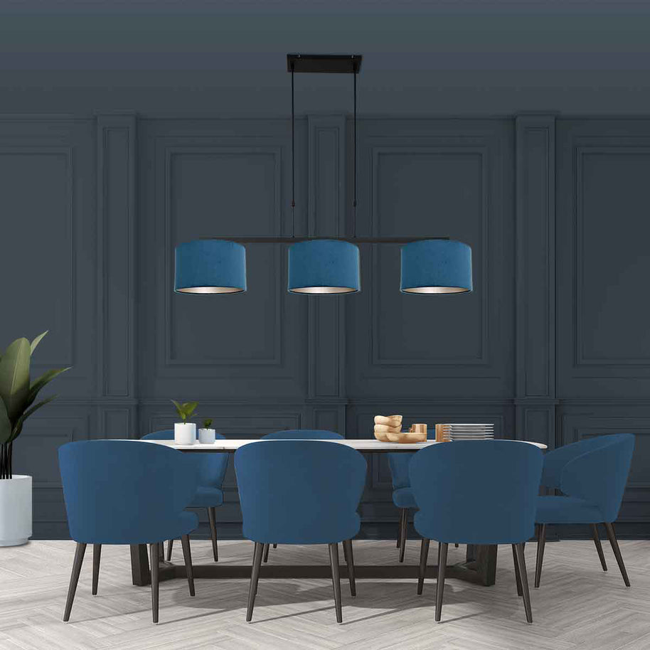 Zwarte 3-lichts hanglamp Stang 3464ZW met blauwe velourskappen