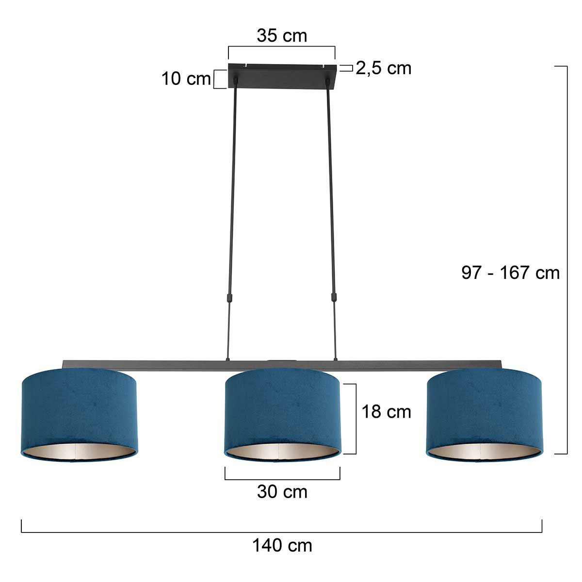 Zwarte 3-lichts hanglamp Stang 3464ZW met blauwe velourskappen
