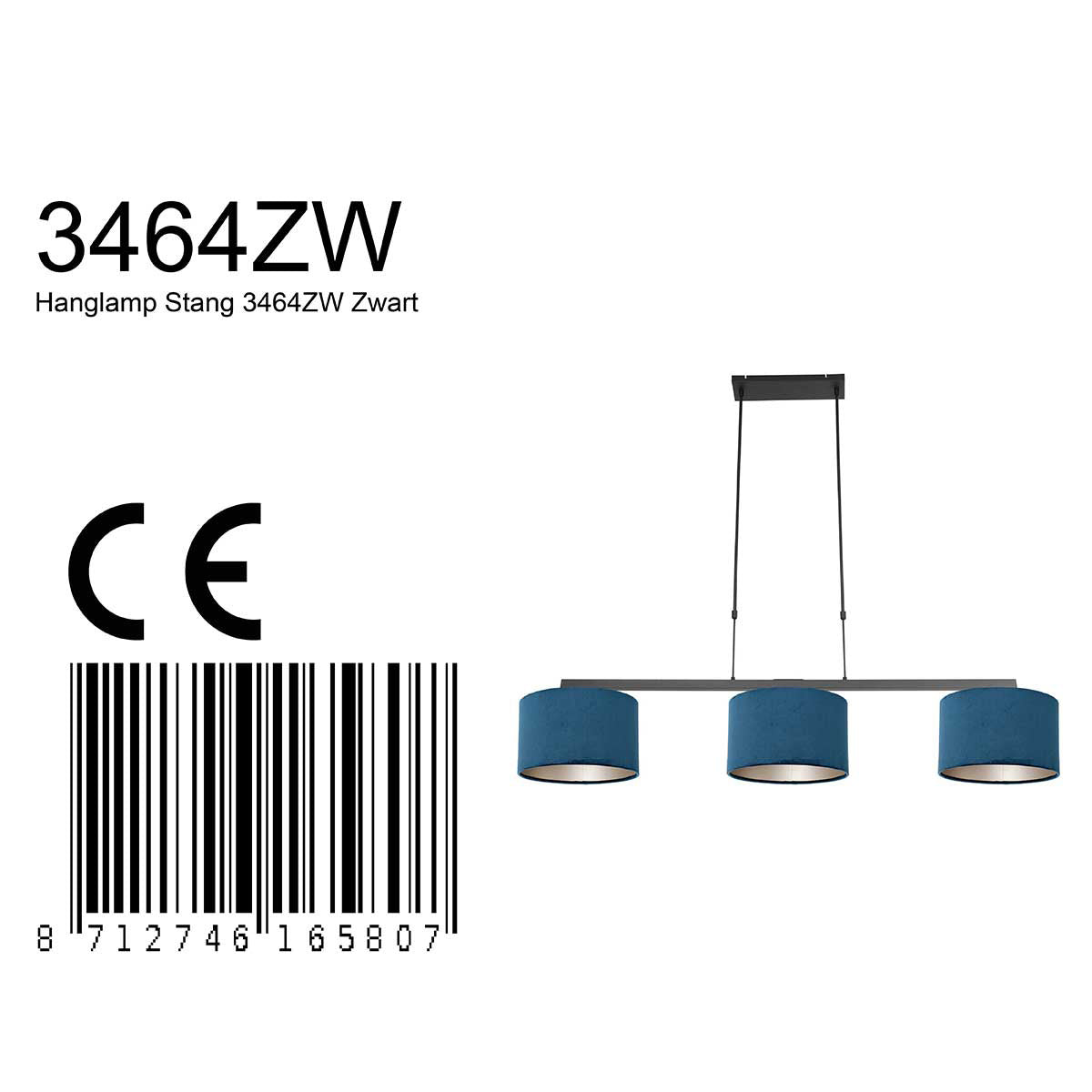 Zwarte 3-lichts hanglamp Stang 3464ZW met blauwe velourskappen