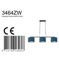 Zwarte 3-lichts hanglamp Stang 3464ZW met blauwe velourskappen