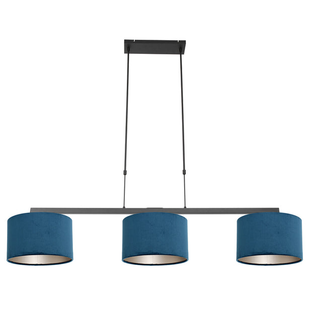Zwarte 3-lichts hanglamp Stang 3464ZW met blauwe velourskappen
