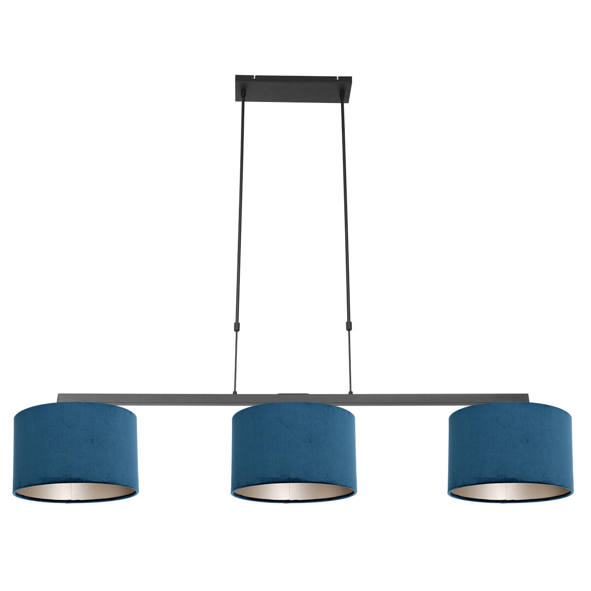 Zwarte 3-lichts hanglamp Stang 3464ZW met blauwe velourskappen