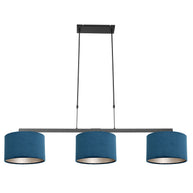 Zwarte 3-lichts hanglamp Stang 3464ZW met blauwe velourskappen