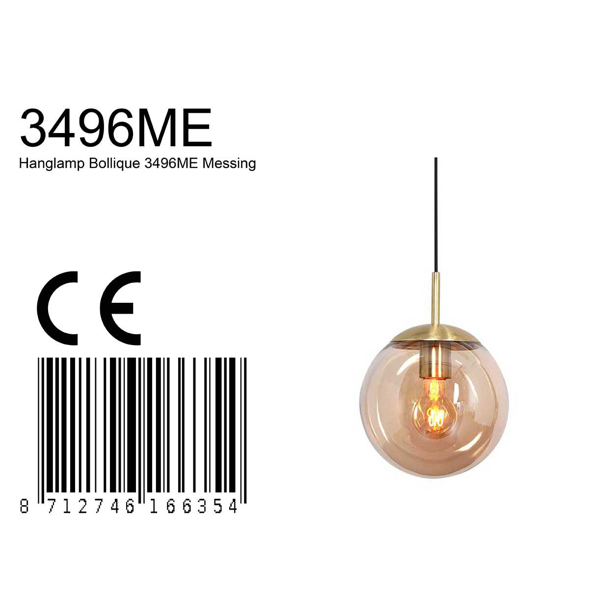 Hanglamp Bollique 3496ME messing lamp met amber glas Ø20 cm