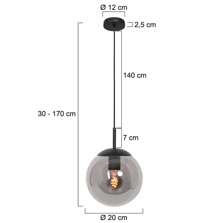 Hanglamp Bollique 3496ZW zwarte hanglamp met gerookt glas Ø20 cm