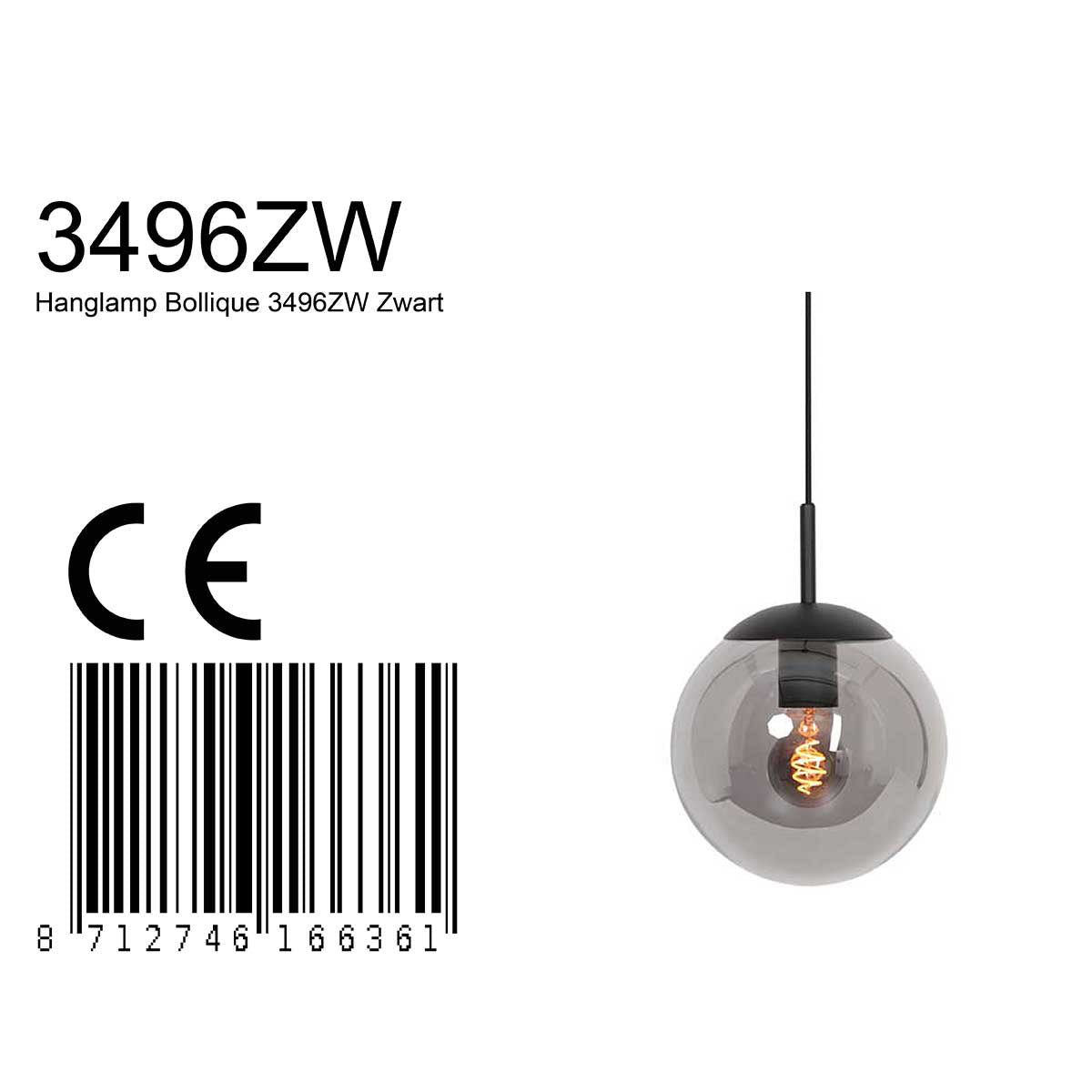 Hanglamp Bollique 3496ZW zwarte hanglamp met gerookt glas Ø20 cm