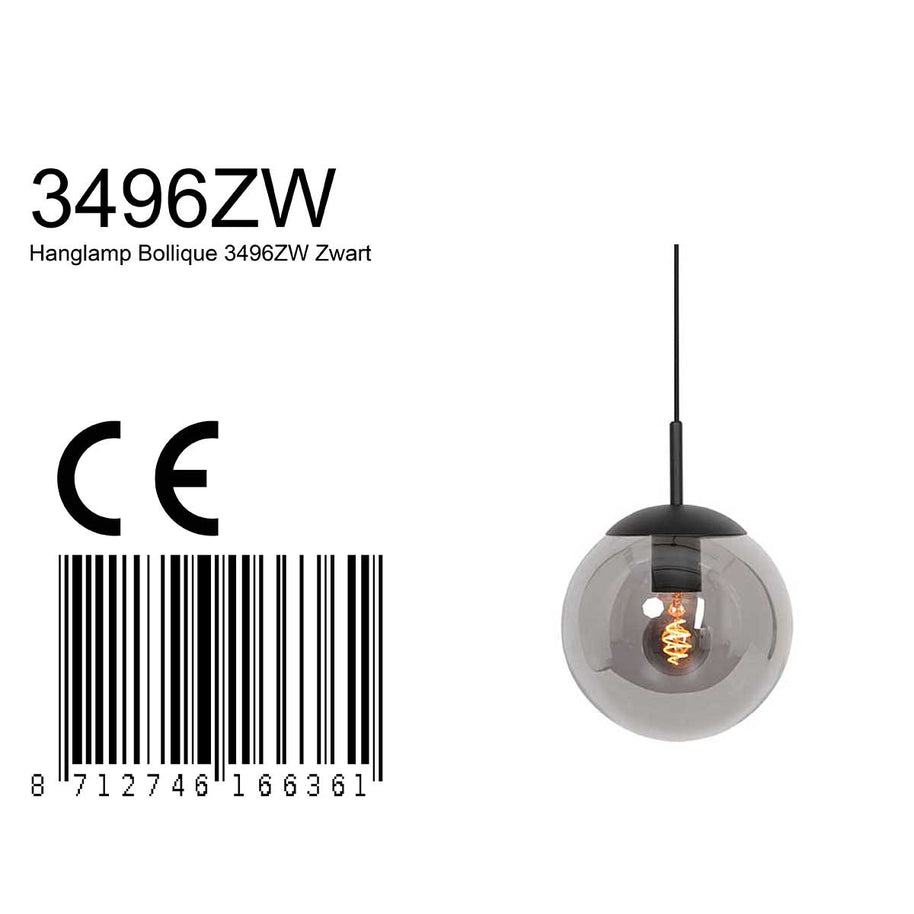 Hanglamp Bollique 3496ZW zwarte hanglamp met gerookt glas Ø20 cm