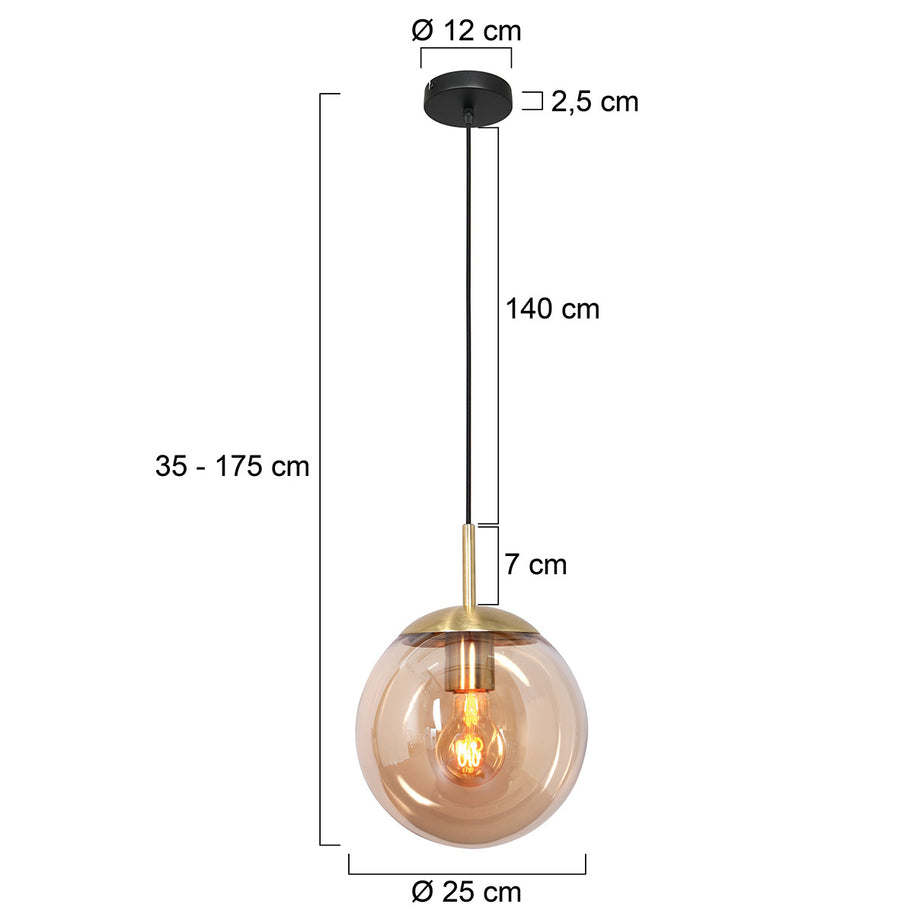 Hanglamp Bollique 3497ME, messing met amberglas Ø25 cm