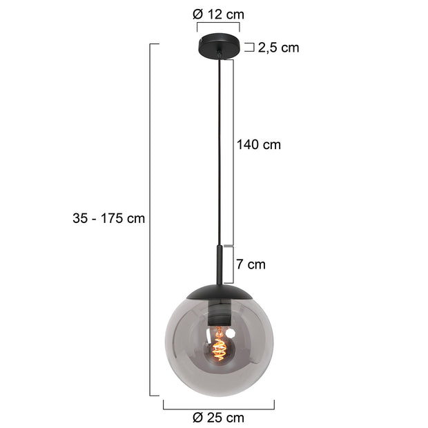 Hanglamp Bollique 3497ZW zwarte lamp met smoke glas Ø25 cm