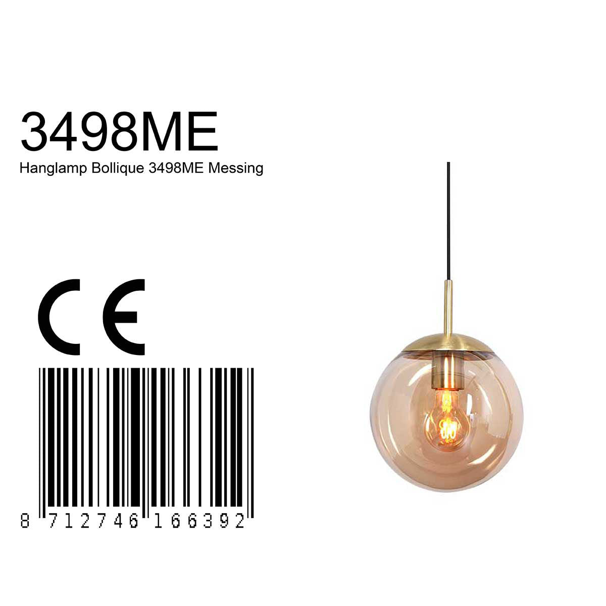 Hanglamp Bollique 3498ME, messing met amber glas Ø30 cm