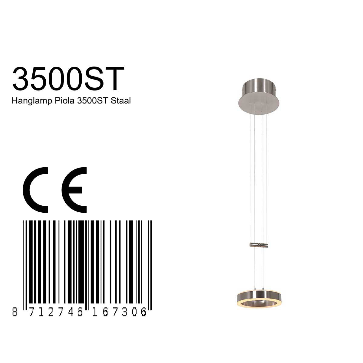 Hanglamp Piola 3500ST staal in hoogte verstelbaar