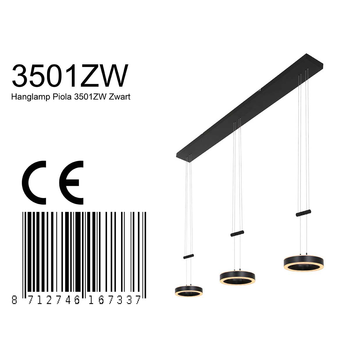 Hanglamp Piola 3501ZW Zwart 3 lichts