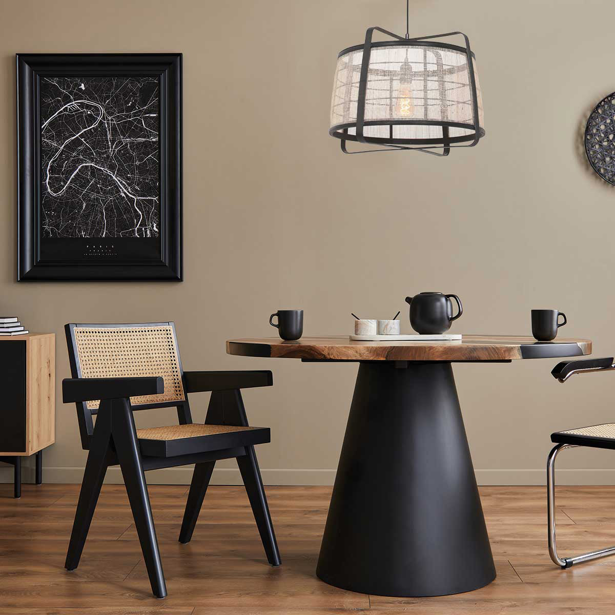 Hanglamp Capos 3511ZW zwart met jute E27-fitting