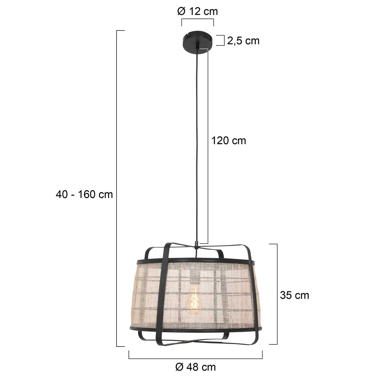 Hanglamp Capos 3511ZW zwart met jute E27-fitting