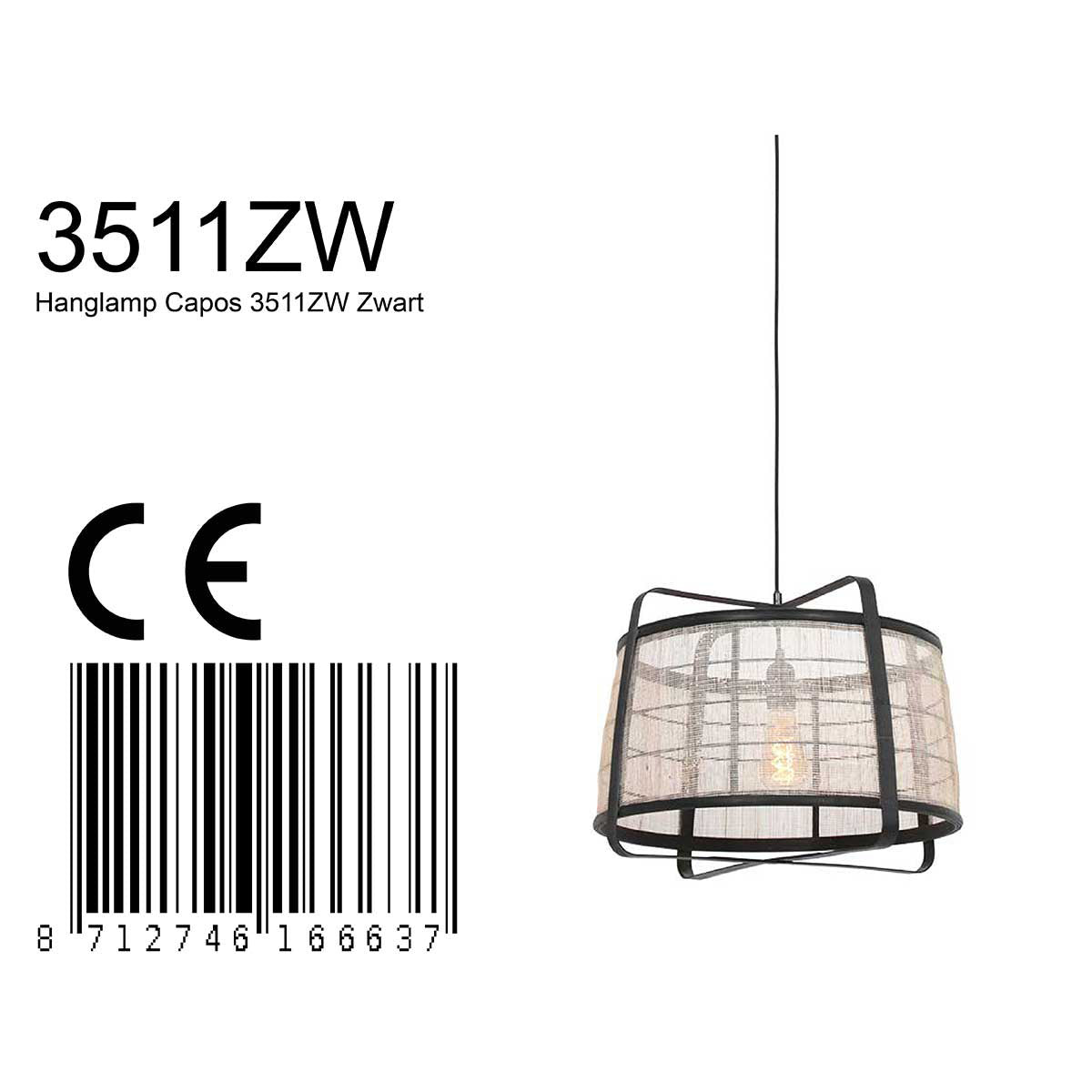 Hanglamp Capos 3511ZW zwart met jute E27-fitting