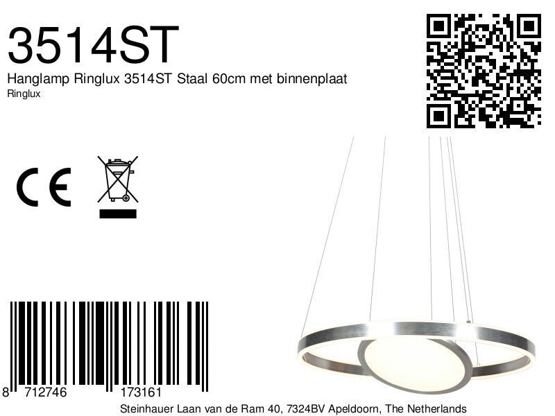 Hanglamp Ringlux 3514ST staal 60 cm met binnenplaat