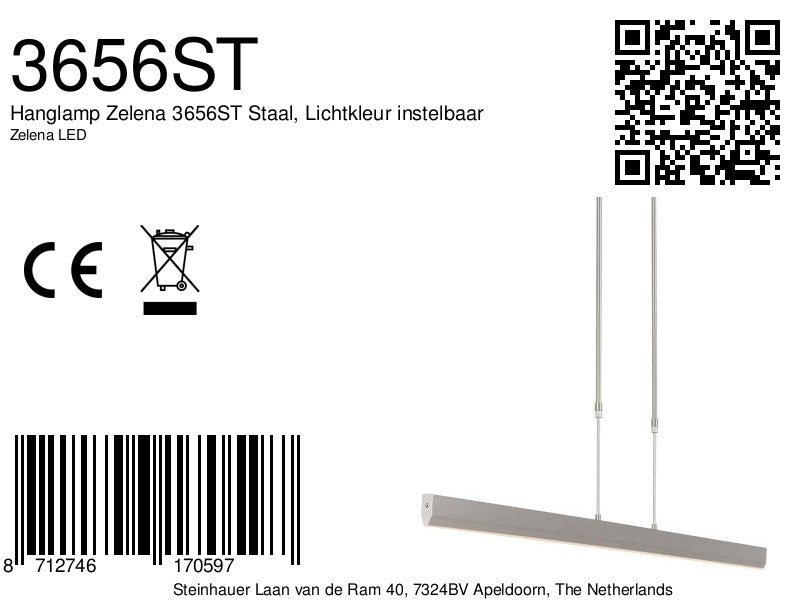 Hanglamp Zelena 3656ST, staal, instelbare lichtkleur