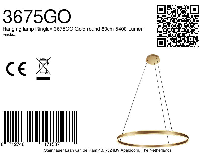 Hanglamp Ringlux 3675GO gouden hanglamp met LED ring Ø80