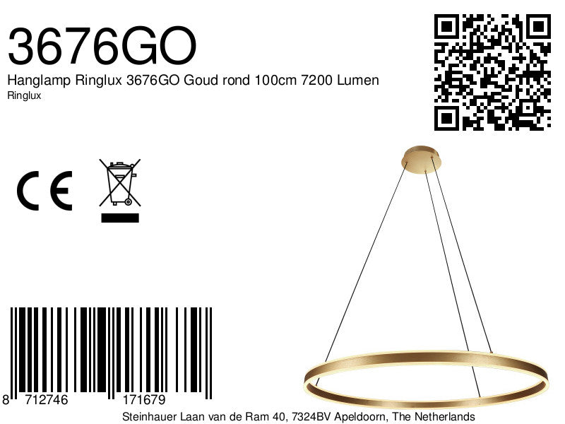 Hanglamp Ringlux 3676GO gouden hanglamp met LED ring Ø100