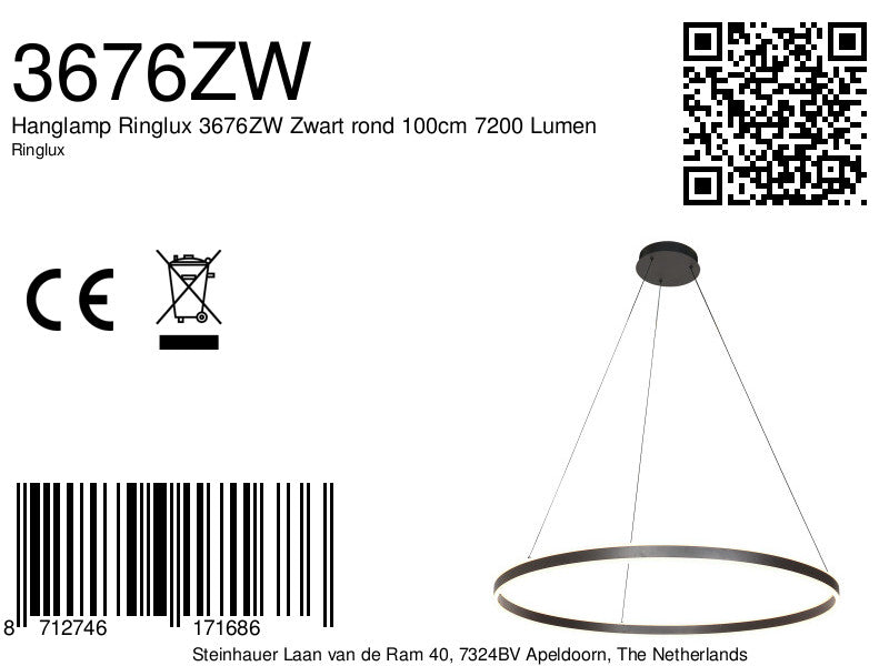 Hanglamp Ringlux 3676ZW zwarte hanglamp met LED ring Ø100