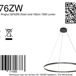 Hanglamp Ringlux 3676ZW zwarte hanglamp met LED ring Ø100