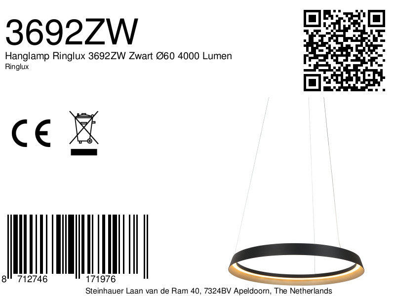 Hanglamp Ringlux 3692ZW zwarte hanglamp met LED ring Ø60