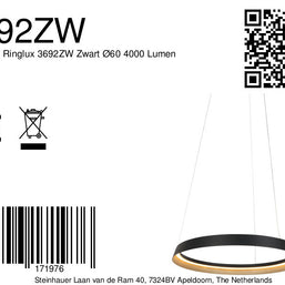 Hanglamp Ringlux 3692ZW zwarte hanglamp met LED ring Ø60