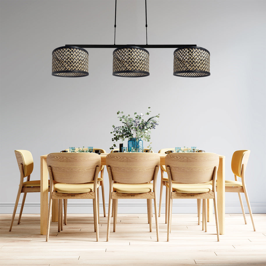 Zwarte 3-lichts hanglamp Stang 3743ZW met blank-zwart bamboekappen