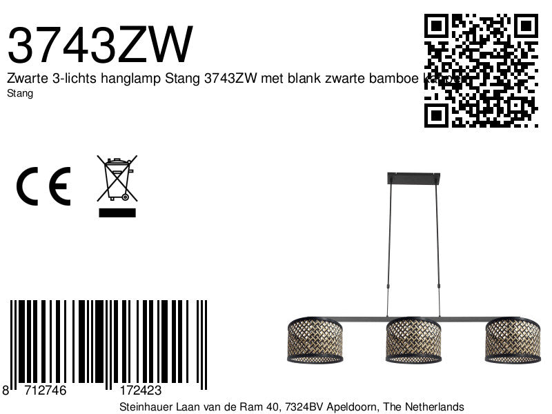 Zwarte 3-lichts hanglamp Stang 3743ZW met blank-zwart bamboekappen