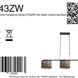 Zwarte 3-lichts hanglamp Stang 3743ZW met blank-zwart bamboekappen