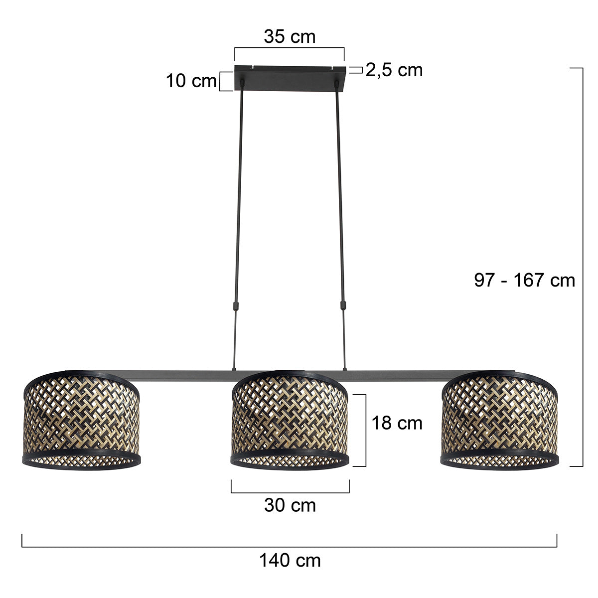 Zwarte 3-lichts hanglamp Stang 3743ZW met blank-zwart bamboekappen