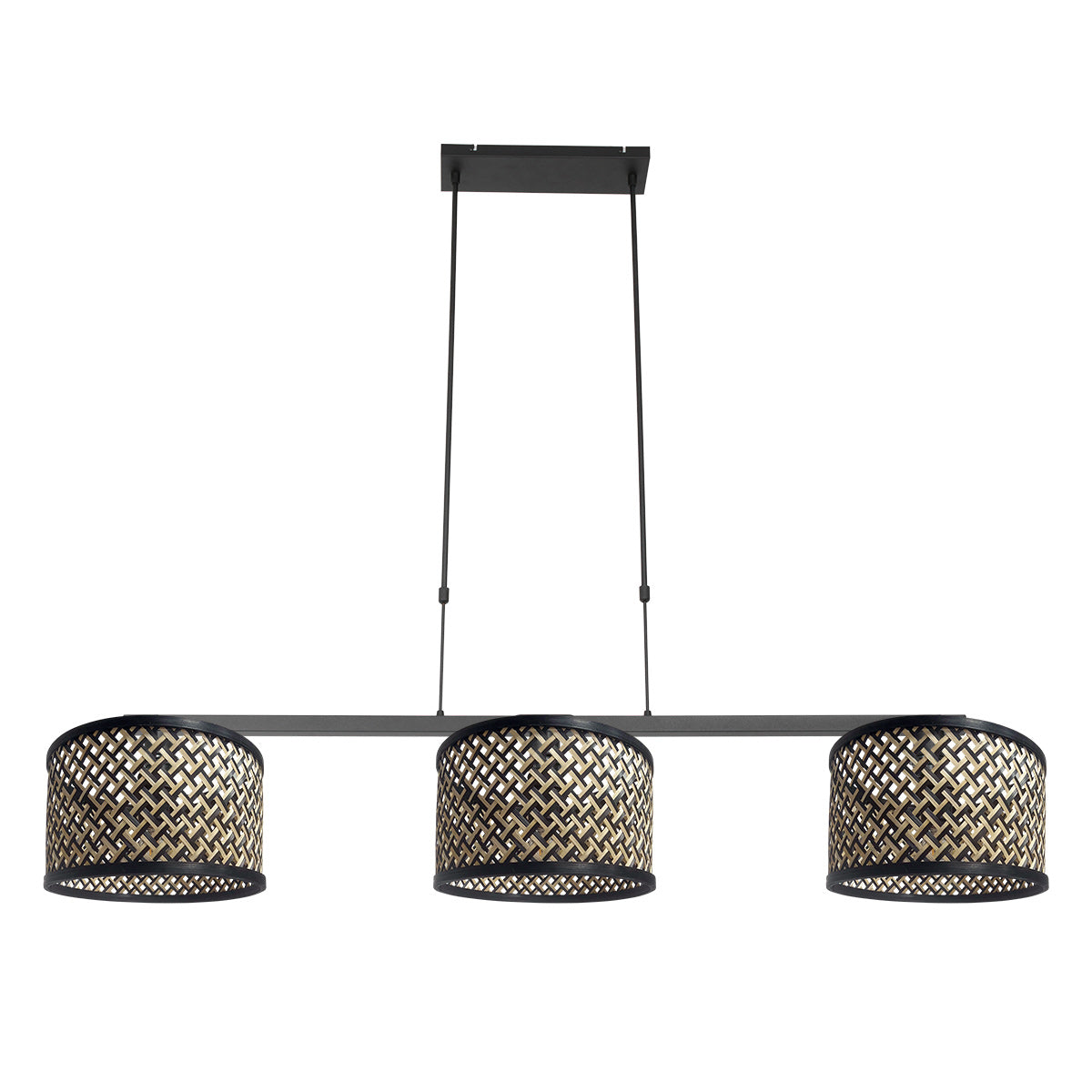 Zwarte 3-lichts hanglamp Stang 3743ZW met blank-zwart bamboekappen