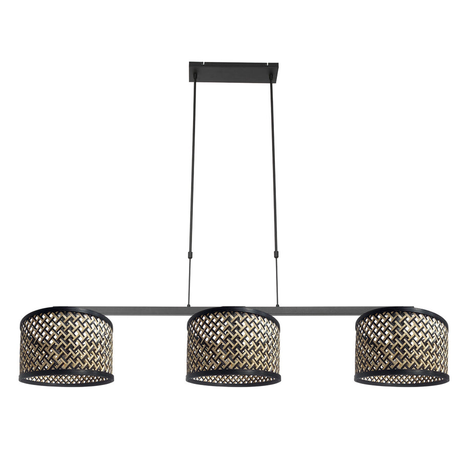 Zwarte 3-lichts hanglamp Stang 3743ZW met blank-zwart bamboekappen
