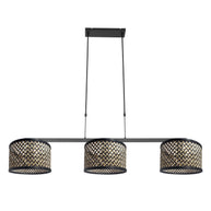 Zwarte 3-lichts hanglamp Stang 3743ZW met blank-zwart bamboekappen