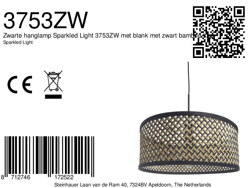 Hanglamp Sparkled Light 3753ZW zwart met zwart/beige bamboe kap