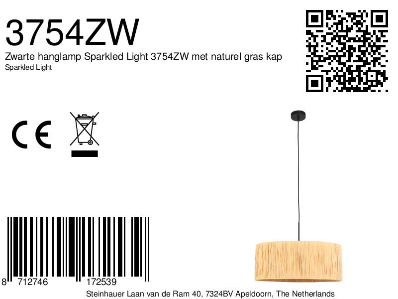 Zwarte hanglamp Sparkled Light 3754ZW met naturel gras kap