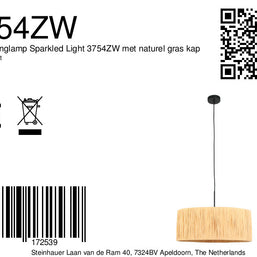 Zwarte hanglamp Sparkled Light 3754ZW met naturel gras kap
