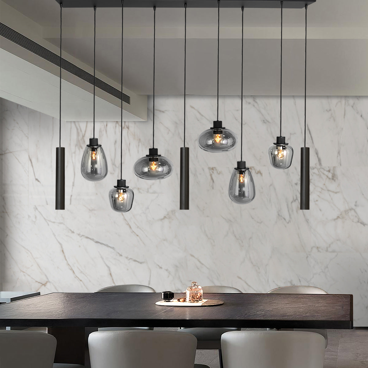 Reflexion 3796ZW hanglamp, zwart, 9-lichts met rookglas