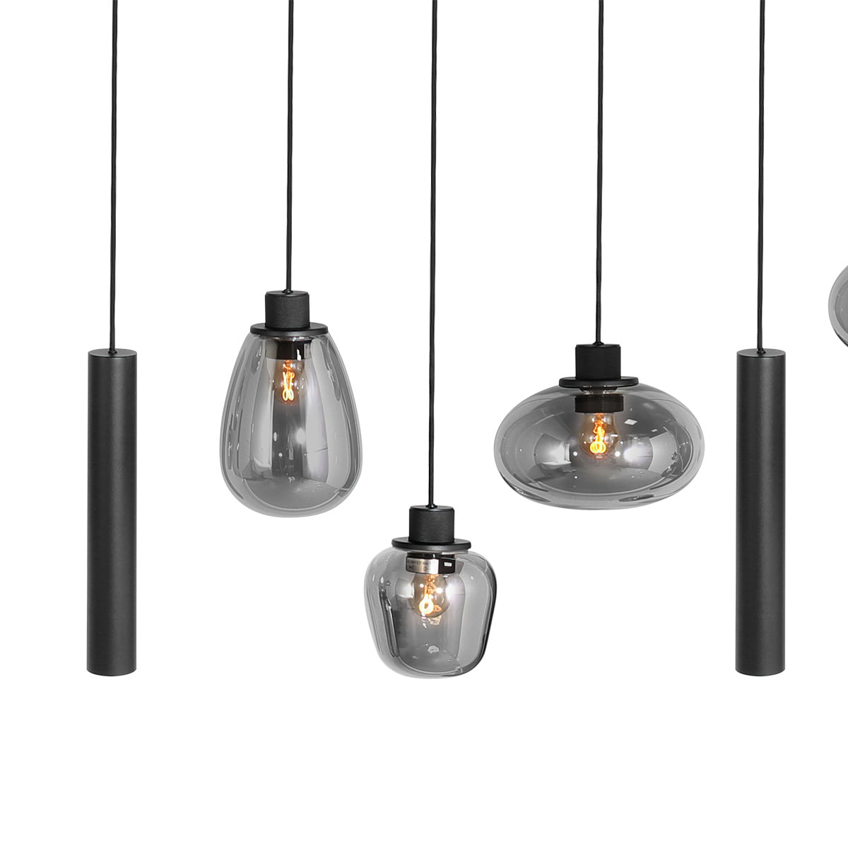 Reflexion 3796ZW hanglamp, zwart, 9-lichts met rookglas