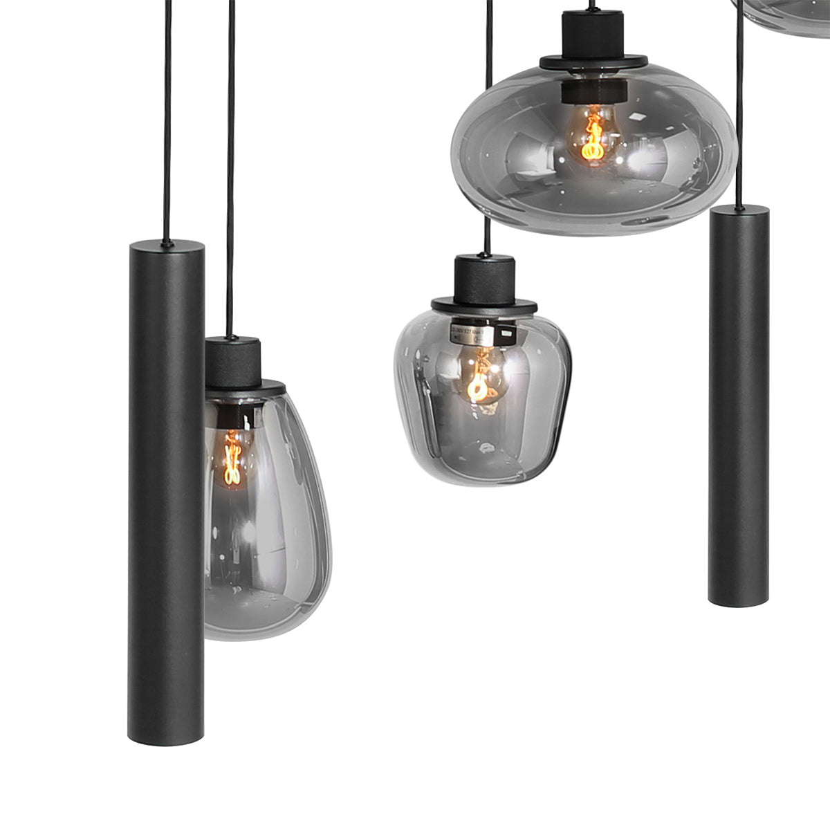 Reflexion 3796ZW hanglamp, zwart, 9-lichts met rookglas