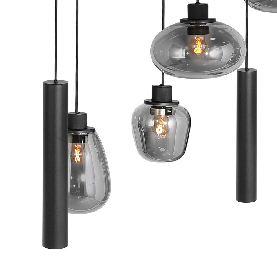 Reflexion 3796ZW hanglamp, zwart, 9-lichts met rookglas